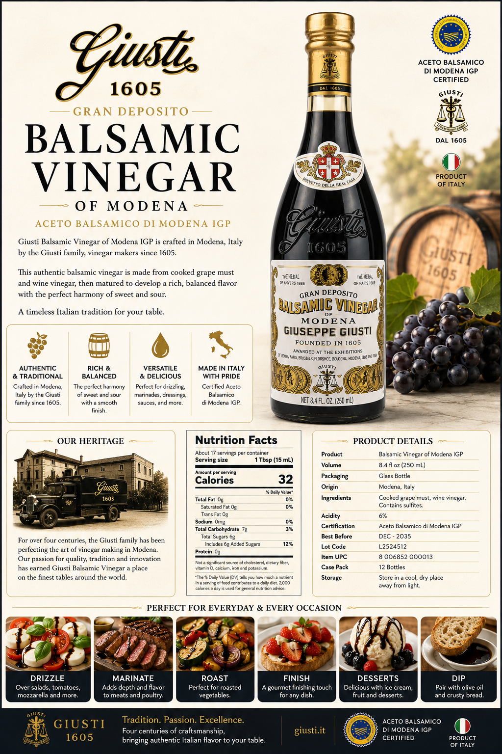 Giuseppe Giusti Gran Deposito Balsamic Vinegar of Modena IGP – 250mL