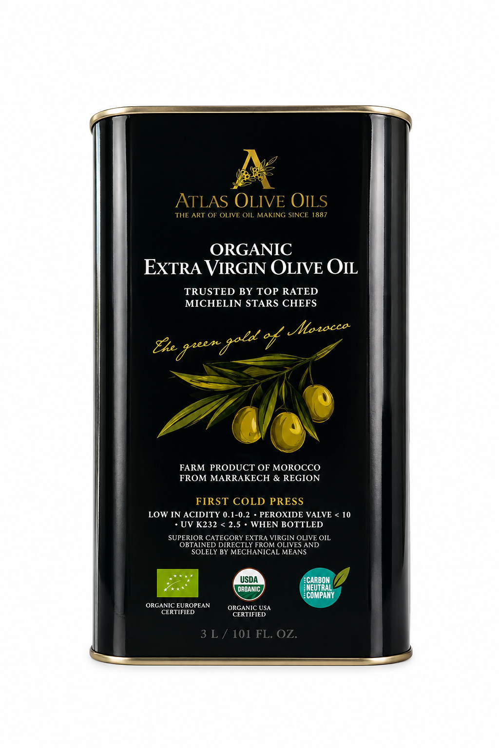 Atlas Organic Extra Virgin Olive Oil – First Cold Pressed Moroccan EVOO, 3 Liter (101 fl oz) Tin