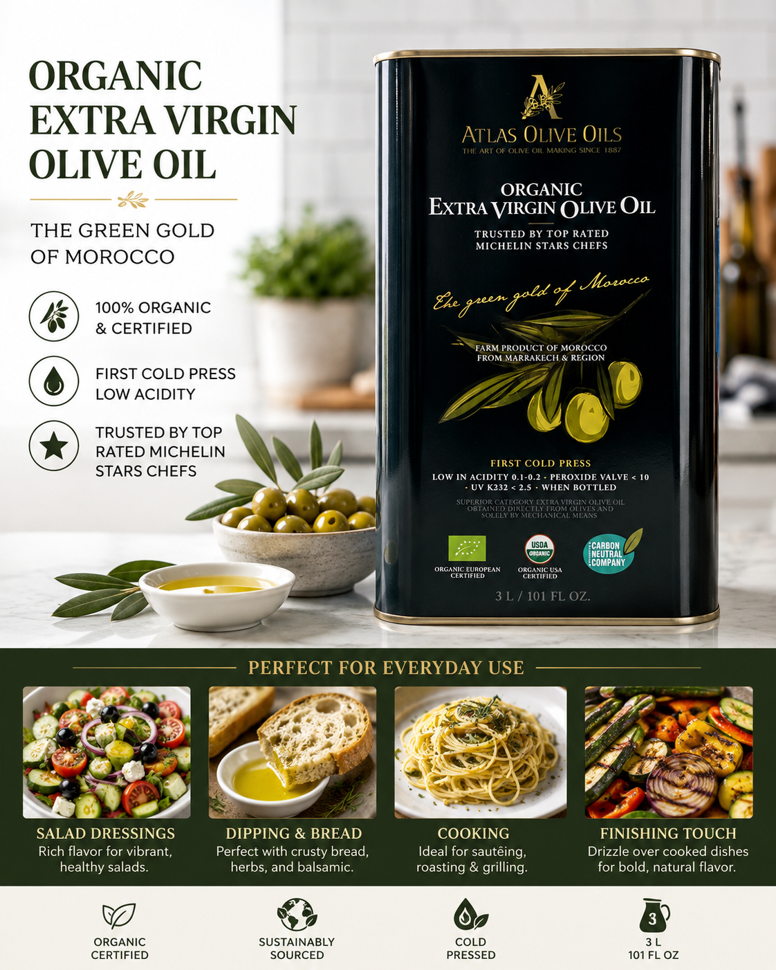 Atlas Organic Extra Virgin Olive Oil – First Cold Pressed Moroccan EVOO, 3 Liter (101 fl oz) Tin