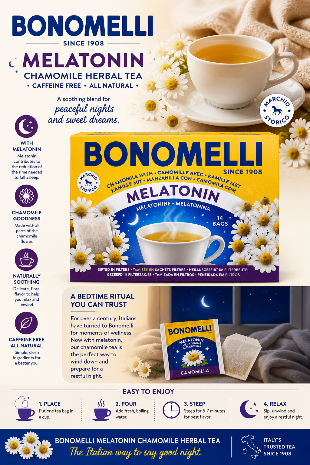 Bonomelli Chamomile Herbal Tea with Melatonin – 14 Tea Bags