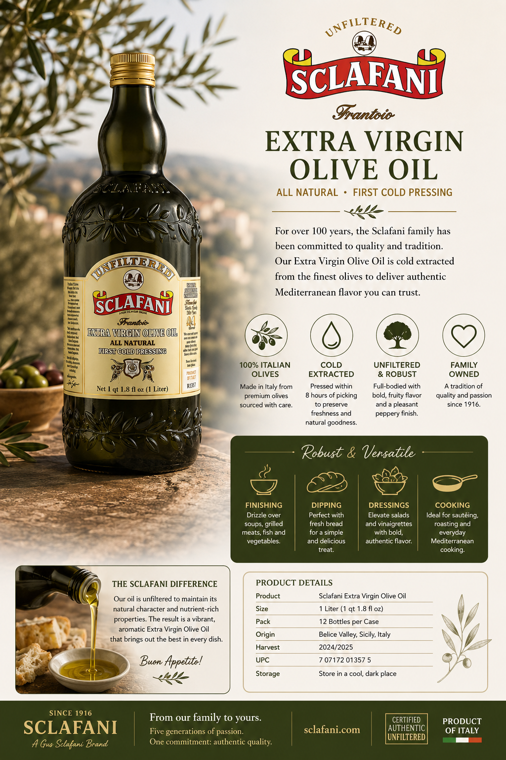 Sclafani “Frantoio” Extra Virgin Olive Oil 1L