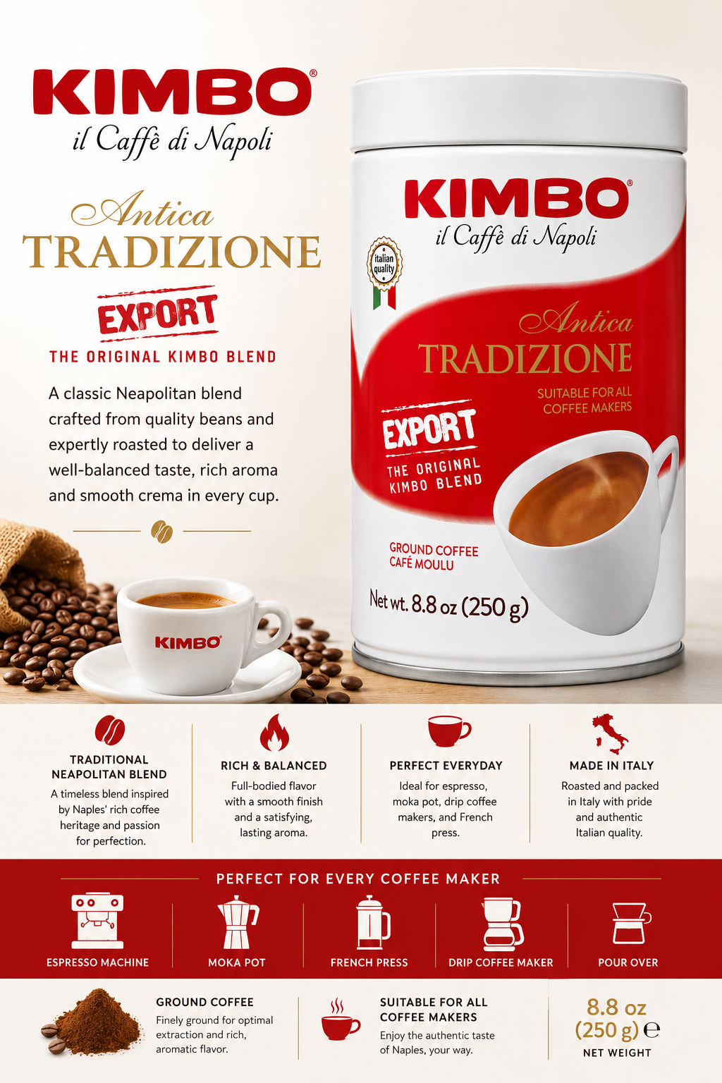 Kimbo Coffee Grounds “Tradizione” 8.8oz