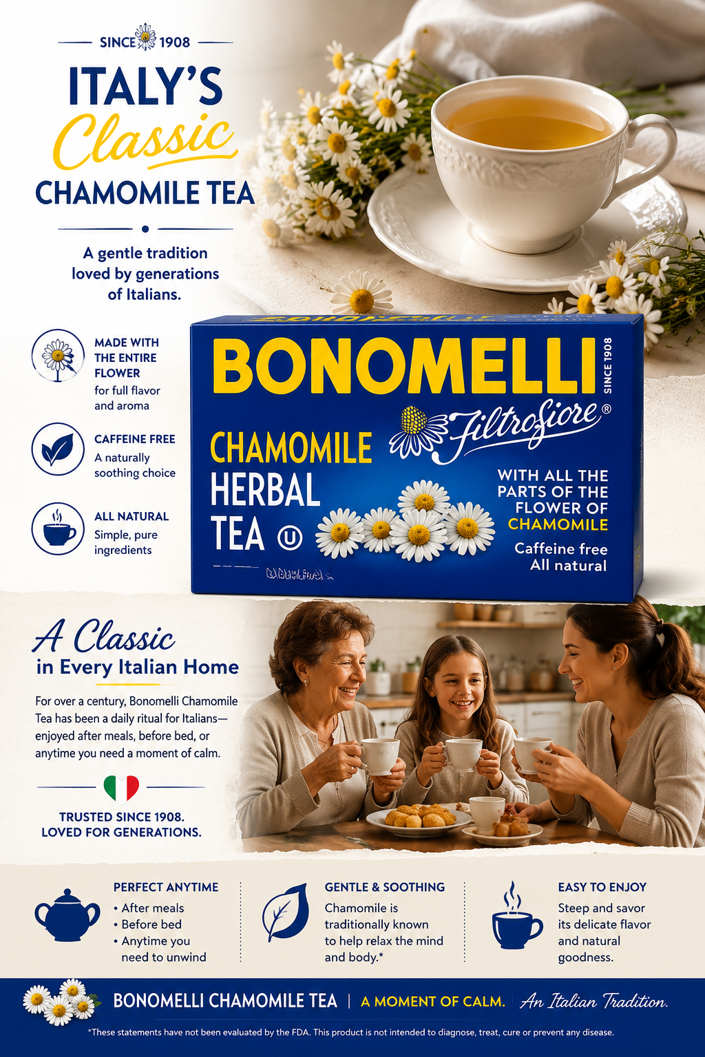 Bonomelli Filtrofiore Chamomile Herbal Tea – Caffeine Free, All Natural