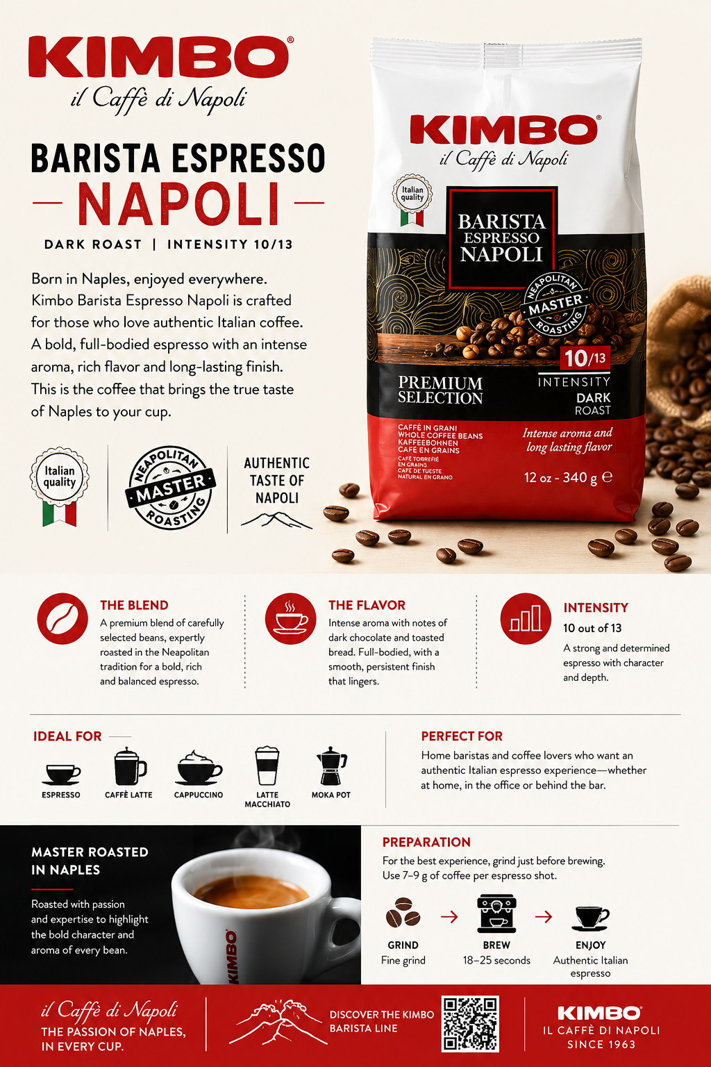Kimbo “Barista” Espresso Napoli Coffee Beans 12oz