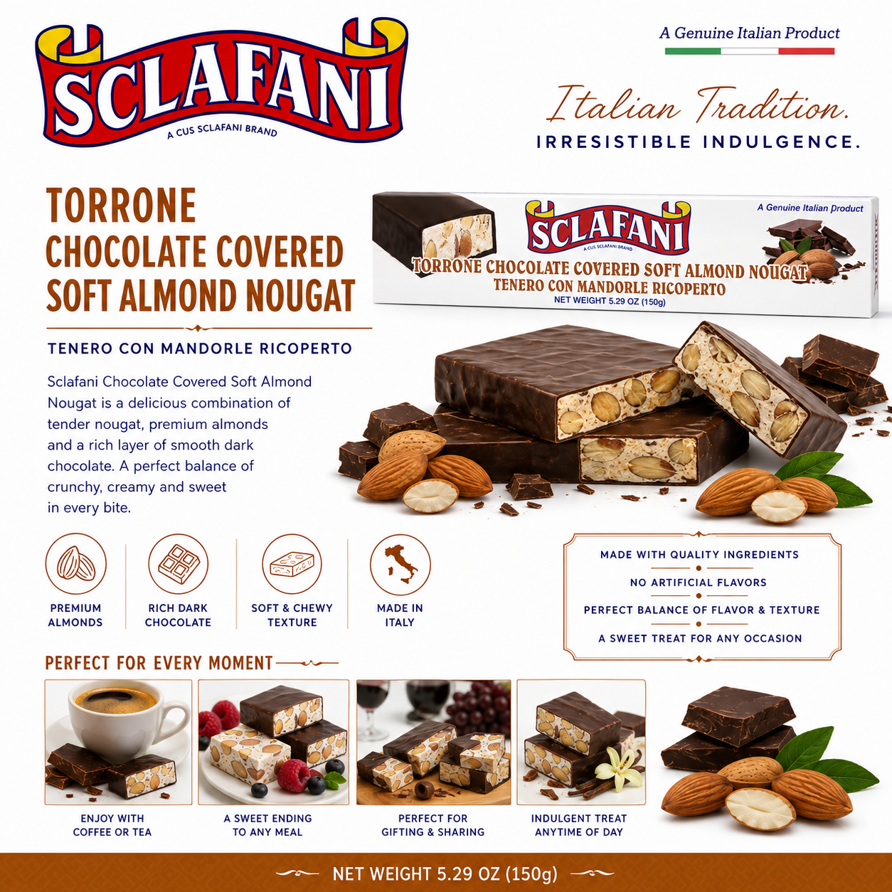 Sclafani Torrone Chocolate Covered with Almond 5.29oz