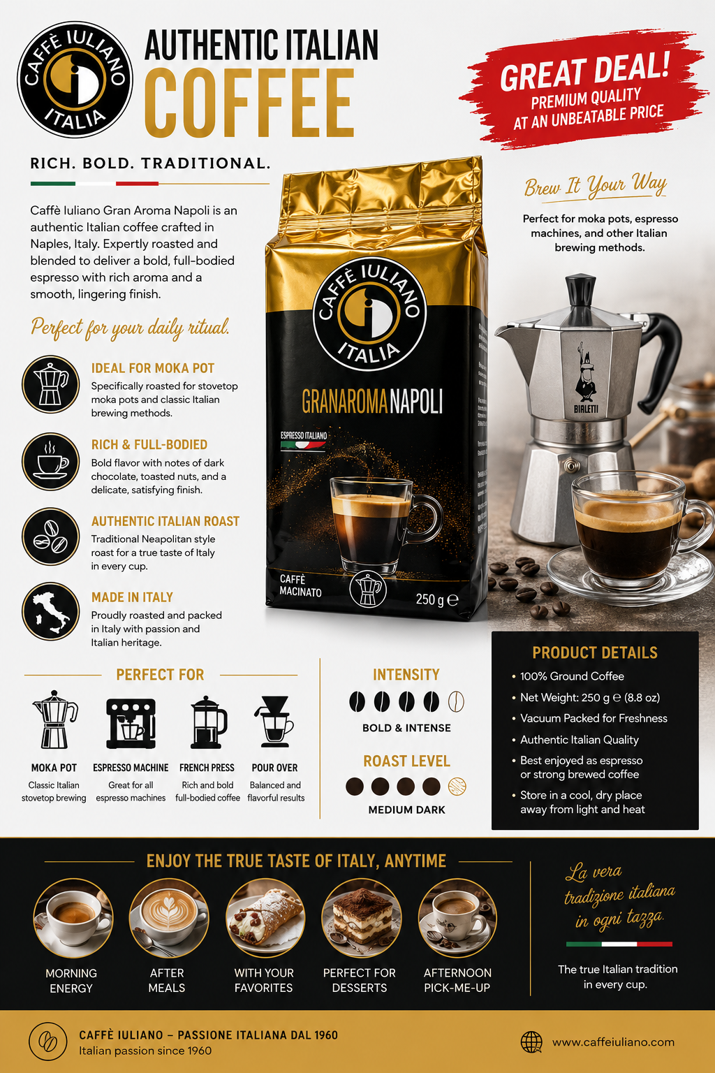 Caffè Iuliano Granaroma Napoli Ground Italian Coffee – 250g
