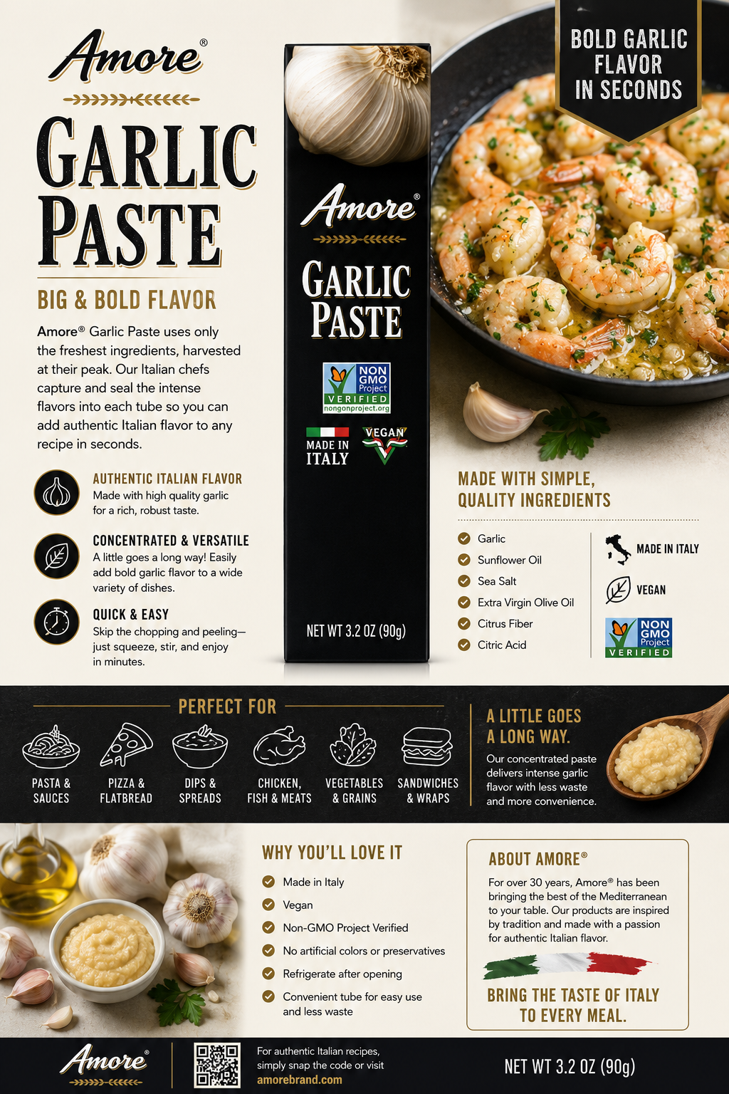 Amore Garlic Paste – Imported from Italy, 3.2 oz (90g)