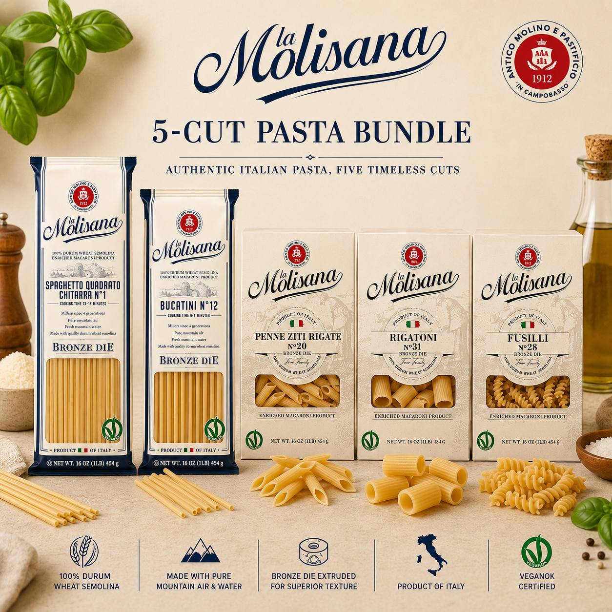 La Molisana Italian Pasta Variety Bundle – 5 Classic Cuts, 1 lb Each