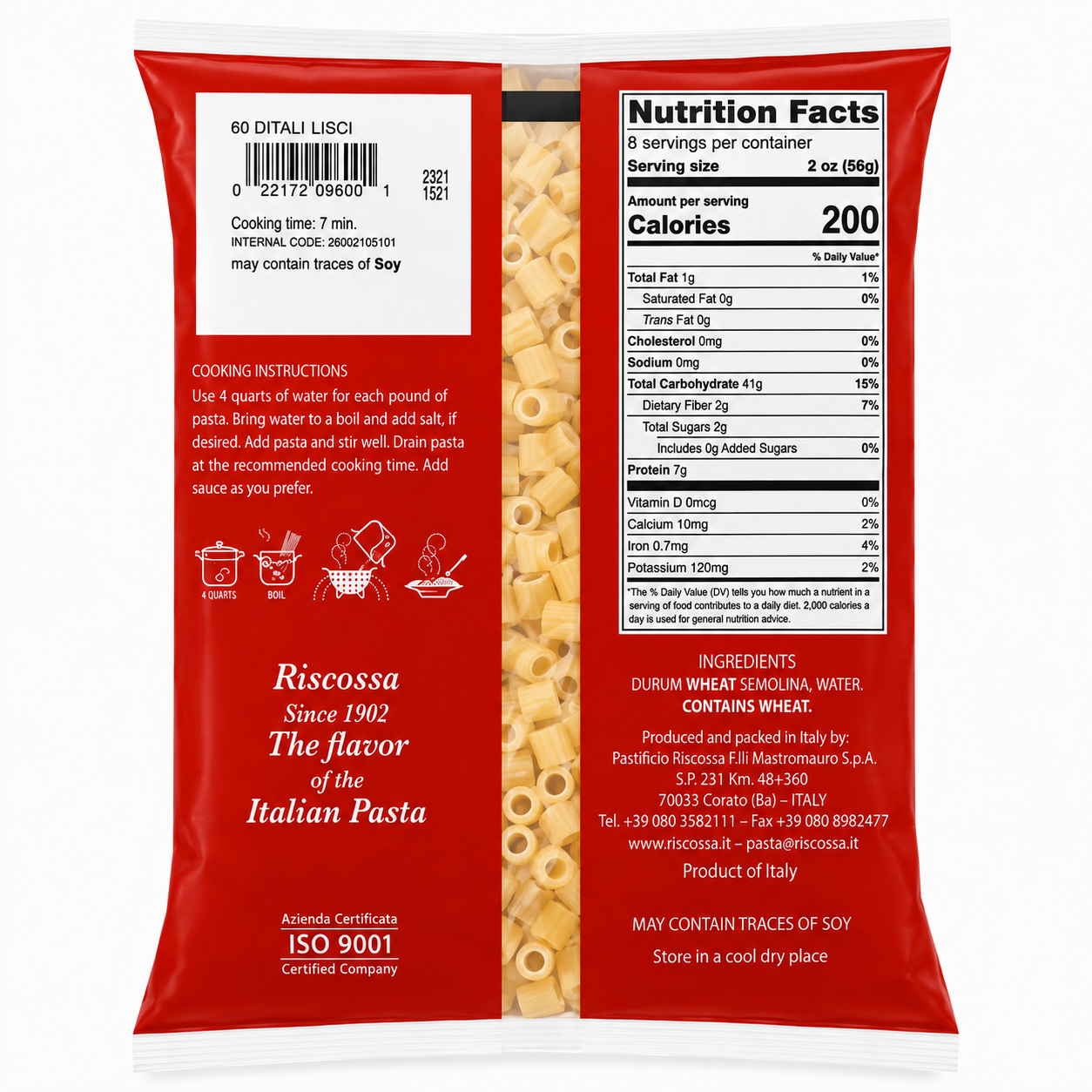 Riscossa Ditali Lisci N°60 – Italian Pasta, 1 lb
