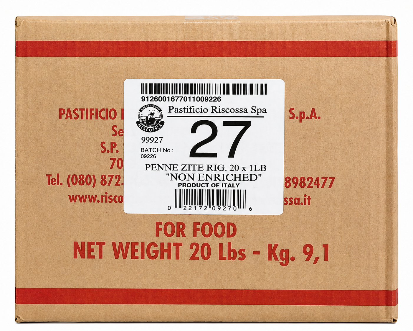 Riscossa Penne Ziti Rigate N°27 – 20 x 1 lb Case